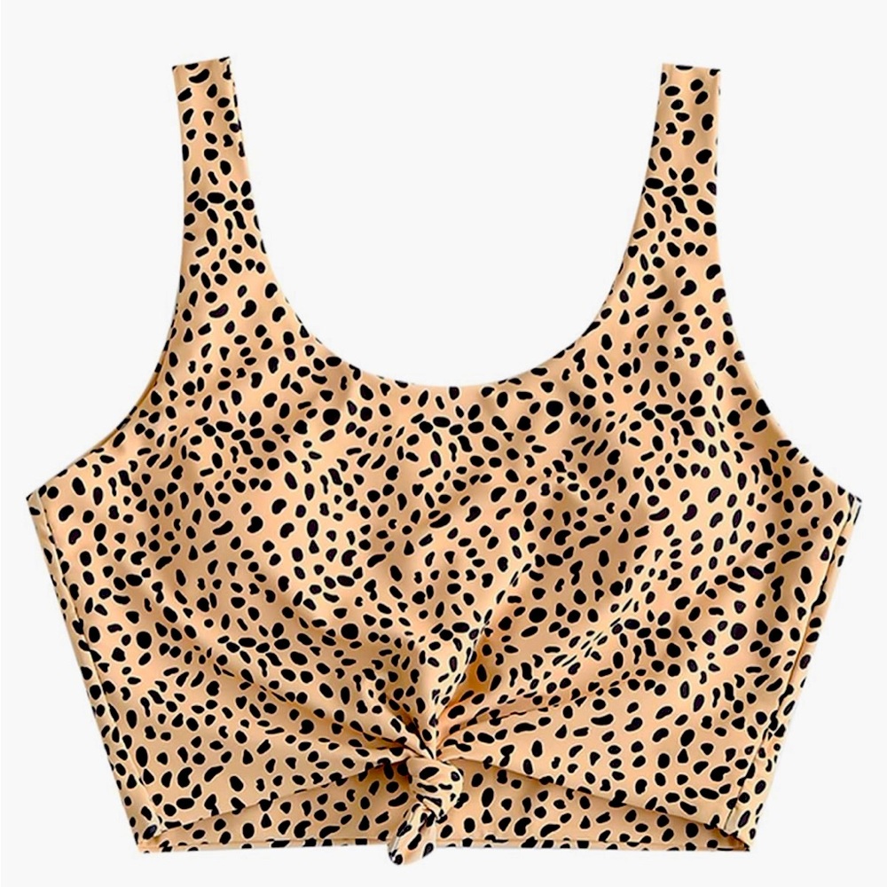 One top: Deep tan cheetah front knot bikin top& 2 bottoms:blue/black high waist